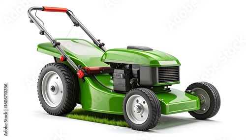 Green lawnmower on white background