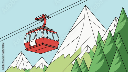 Cartoon mountain landscape with red cable car vector illustration for travel and tourism designs