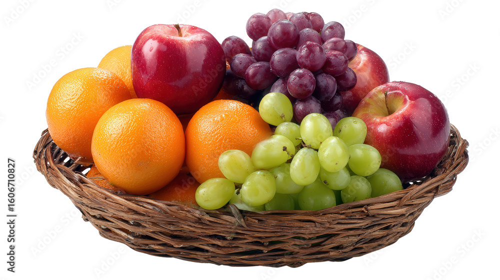 Fresh Seasonal Fruit Basket: A flat lay of a fresh seasonal fruit basket with apples, oranges, and grapes, isolated on a Transparent background, PNG file. Fresh Seasonal Fruit Basket: A flat lay of a fresh seasonal fruit basket with apples, oranges, and grapes, isolated on a Transparent background, PNG file.