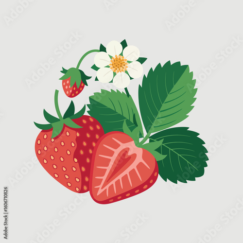 Fresh ripe strawberries with green leaves and blossom