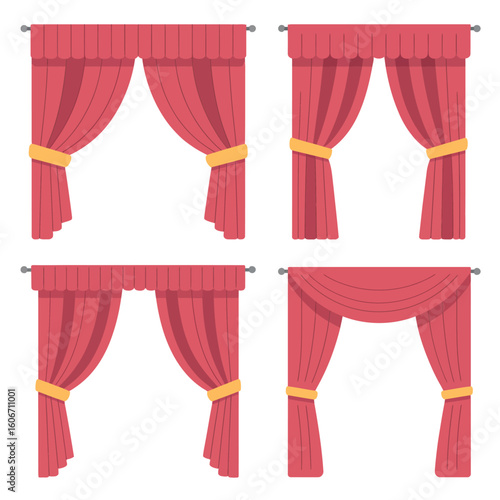 Collection of four different styles of red velvet stage curtains with gold tiebacks