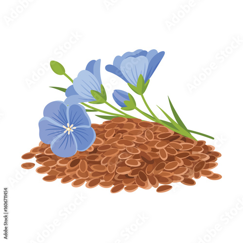 Pile of flax seeds with light blue flax flowers and buds