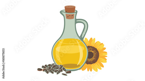 Glass bottle of golden sunflower oil with seeds and flower