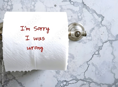 Toilet paper written  I AM SORRY , I WAS WRONG ,  apology for making a mistake - expression or acknowledgment of responsibility for a bad outcome - feel remorse over your actions