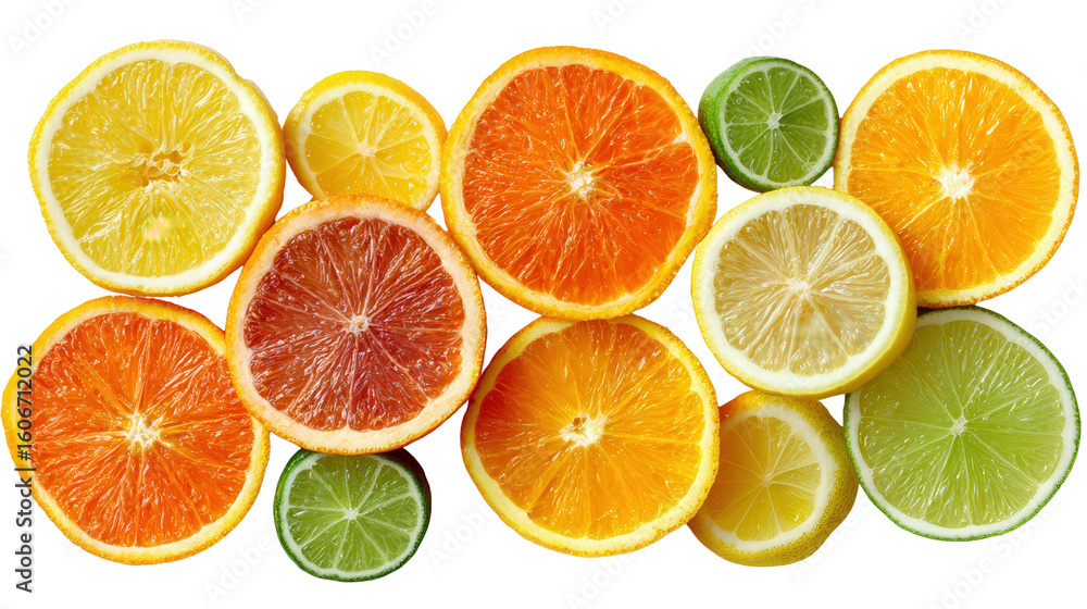 Fresh Sliced Citrus Fruits: A flat lay of fresh sliced citrus fruits like oranges, lemons, and limes, isolated on a Transparent background, PNG file. Fresh Sliced Citrus Fruits: A flat lay of fresh sliced citrus fruits like oranges, lemons, and limes, isolated on a Transparent background, PNG file.