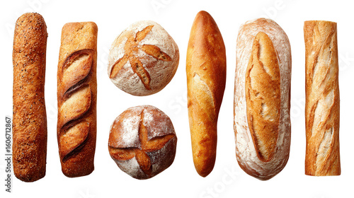Freshly Baked Bread: A flat lay of freshly baked bread like loaves and baguettes, isolated on a Transparent background, PNG file.