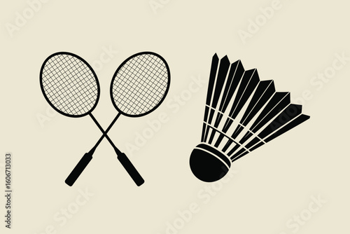 Badminton rackets and shuttlecock icon set for sports and recreation