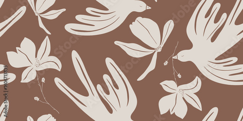 Elegant floral dove illustration on warm brown backdrop pattern