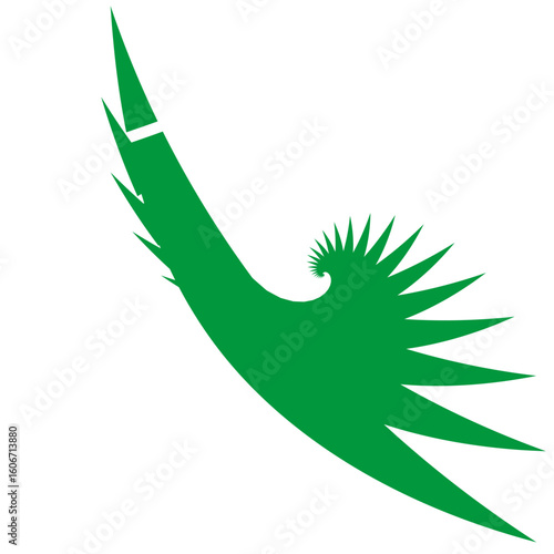 Modern vector design of a stylized green phoenix or wing with angular, spiked feathers


