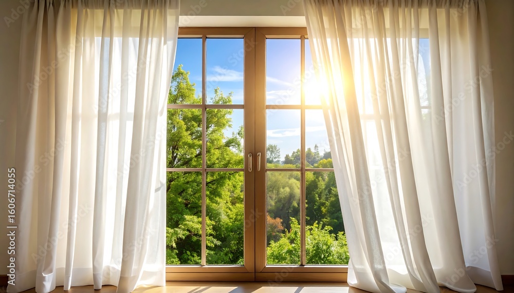 Fototapeta premium Sunlight streams through a window with white curtains, revealing a lush green landscape