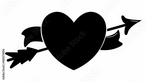 Black heart pierced by an arrow with fletching on both sides against a white background design icon