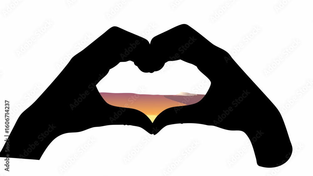 Fototapeta premium Silhouette of hands forming a heart shape framing a sunset over a distant horizon with warm colors