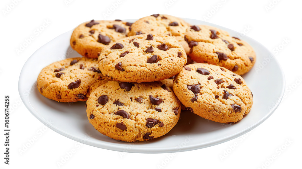 Freshly Baked Cookies on White Plate: A flat lay of freshly baked cookies with chocolate chips, isolated on a Transparent background, PNG file.