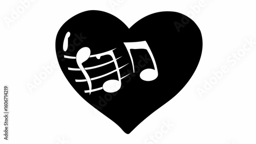 Black heart shape filled with musical notes and staff lines on a white background creating contrast and love