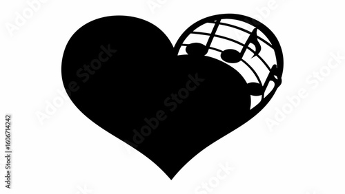 Black heart shape with musical notes on the right side creating a love for music illustration