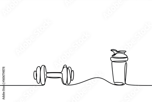 Minimalist single line drawing of a dumbbell and protein shaker for fitness