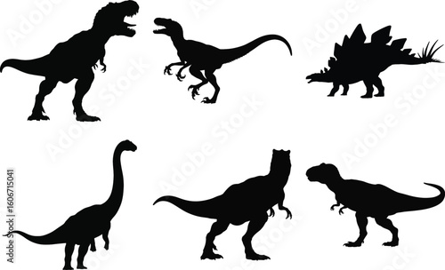 Dinosaur silhouette vector set of prehistoric animal profiles including t-rex, velociraptor, stegosaurus, and brachiosaurus, isolated