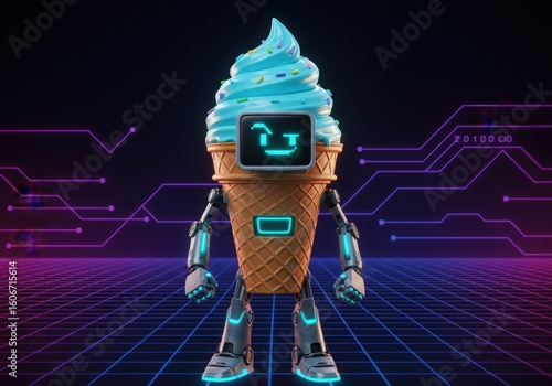 Futuristic robot ice cream cone character with digital screen face