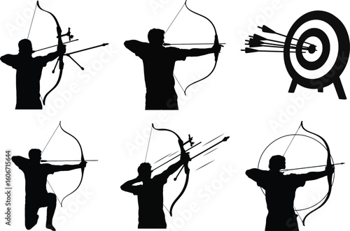 Archery silhouette vector set of archer with bow and arrow, target, shooting action, isolated on white background