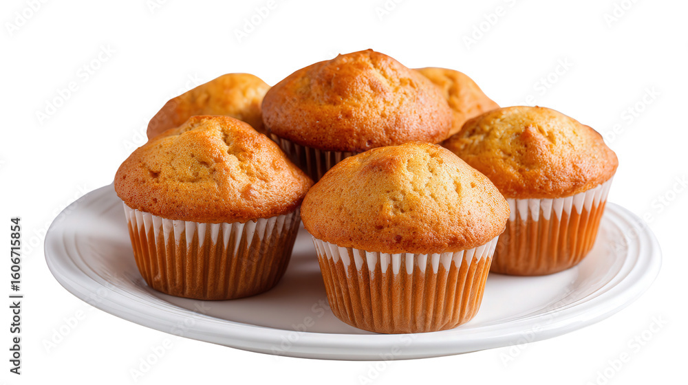 Freshly Baked Muffins on White Plate: A flat lay of freshly baked muffins on a white plate with golden-brown tops, isolated on a Transparent background, PNG file. Freshly Baked Muffins on White Plate: A flat lay of freshly baked muffins on a white plate with golden-brown tops, isolated on a Transparent background, PNG file.