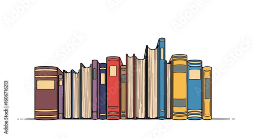 Colorful book collection forming decorative border.  Neat row of various books creates unique design element.  This book border is perfect for educational projects, literary websites,