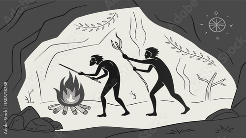 Cavemen making fire drawing vector illustration prehistoric art history ancient humans survival skills cave art design