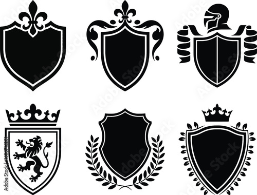 Heraldic shield silhouette vector collection with crown, laurel, lion, knight helmet, and fleur de lis, isolated on white background