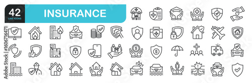 Set of line icons related to insurance, finance,  risk, healthcare. Outline icons collection. Editable stroke. Vector illustration