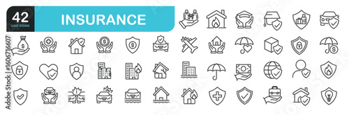 Set of line icons related to insurance, finance,  risk, healthcare. Outline icons collection. Editable stroke. Vector illustration