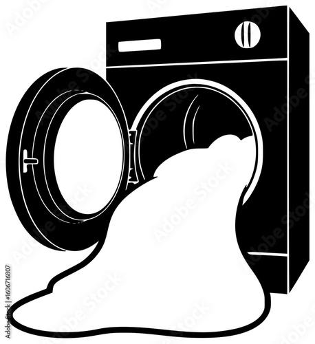 Black silhouette vector icon logo illustration of a dryer tumbling clothes in a laundry room with digital display showing drying time and vent releasing warm air while cleaning lint trap and drying to
