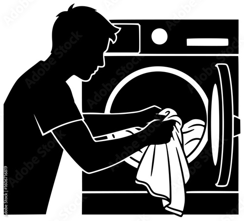 Black silhouette vector icon logo illustration of a dryer tumbling clothes in a laundry room with digital display showing drying time and vent releasing warm air while cleaning lint trap and drying to