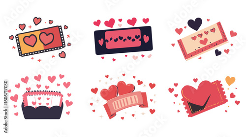 Filled vector icon of a Valentine romantic ticket featuring heart elements, symbolizing love, date night, couple activity, romantic gift, perfect for Valentine's Day decorations, event passes