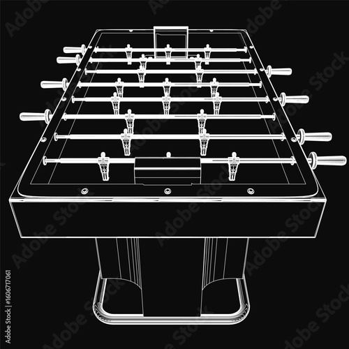A black and white foosball table drawing features a white top with grid lines and a black border. The minimalist contour highlights the mini football machine's clean design.