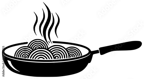 Black silhouette vector icon logo illustration of sizzling fried noodles in a hot pan garnished with fresh vegetables and shrimp served with a fried egg and chili sauce on a plate