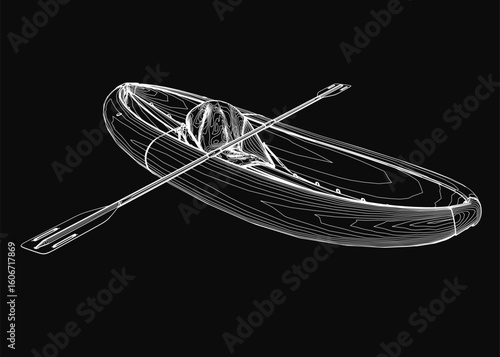 A black and white rubber kayak with two paddles features clean contour lines against a dark background. The minimalist drawing highlights the boat's sleek design and simplicity.