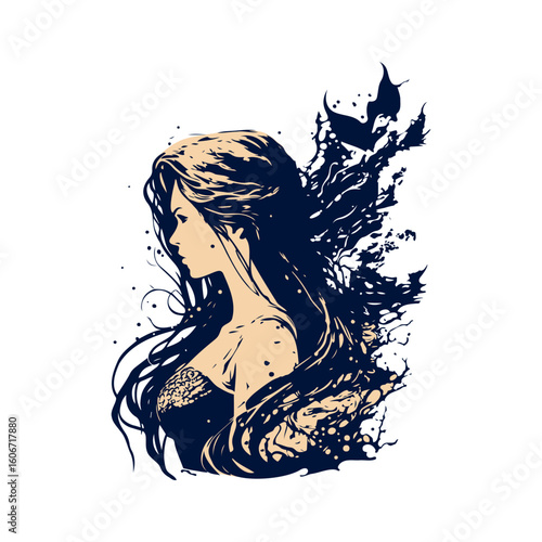 Elegant woman graphic in dark blue and beige with abstract hair for logos and artistic designs needing a touch of fantasy.