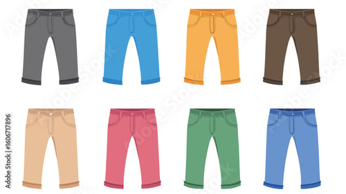 Trousers solid element set vector graphic design, various pants styles in filled icon format, fashion clothing collection for wardrobe, garment catalog, or apparel illustrations