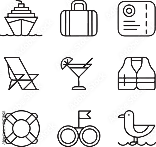 Maritime Cruise Icons Collection – Vector Outline Set for Nautical and Vacation Themes