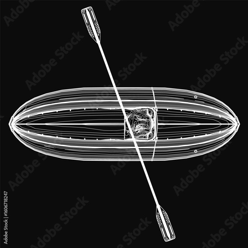 A black and white rubber boat with two oars is outlined in clean contour lines against a dark background. The simple yet striking illustration emphasizes shape and contrast.