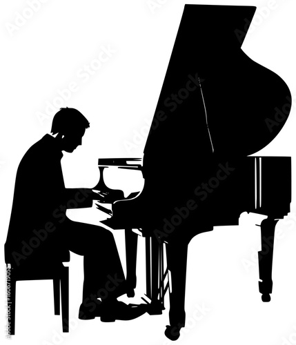 Black silhouette vector icon logo illustration of a musician composing a new song recording vocals performing on stage playing guitar or piano mixing tracks and creating music in a studio