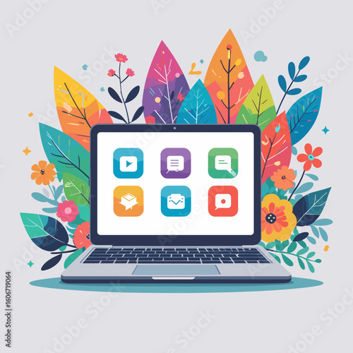 Colorful laptop with application icons surrounded by flowers and leaves  