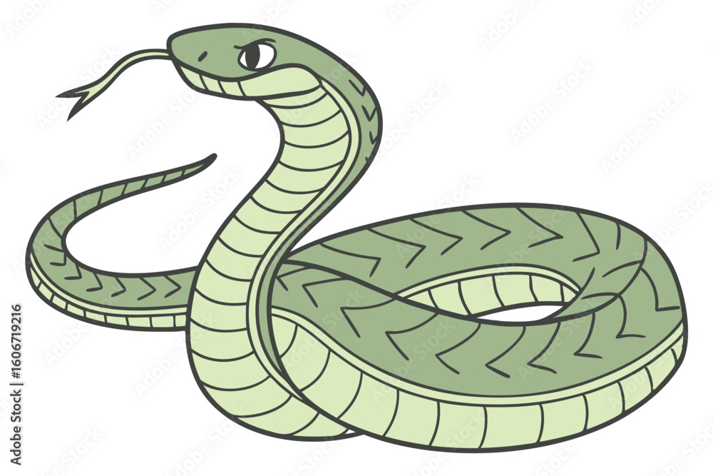 Fototapeta premium Cartoon Illustration of a Green Snake with Yellow Eyes and Spots coiled up, ready to strike with venomous fangs