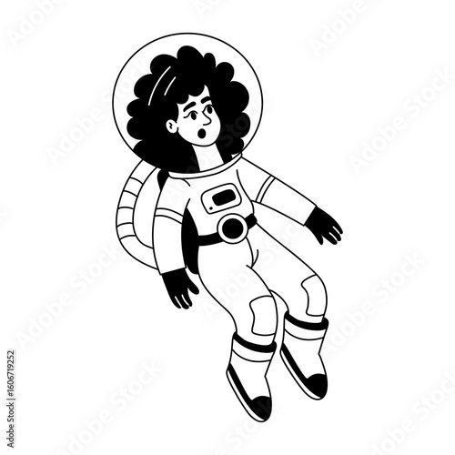 A hand drawn style illustration showing female astronaut
