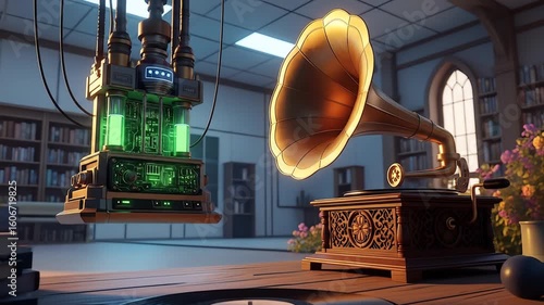 Dynamic Steampunk Fusion: Glowing Tech, Vintage Gramophone, and Vinyl in a Timeless Library