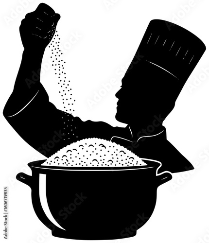 Black silhouette vector icon logo illustration of saffron threads being carefully harvested and ground into powder or sprinkled into a pot of rice with a luxurious dish garnished with saffron strands