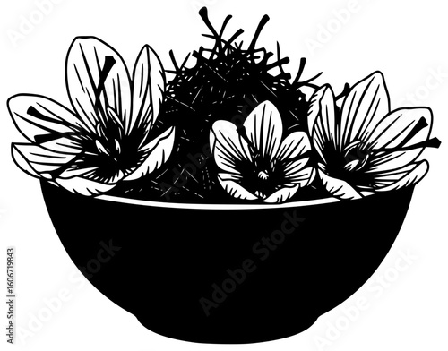 Black silhouette vector icon logo illustration of saffron threads being carefully harvested and ground into powder or sprinkled into a pot of rice with a luxurious dish garnished with saffron strands