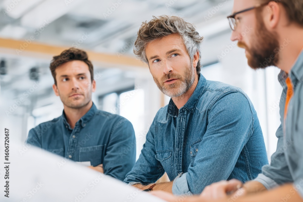 Fototapeta premium Group of engineers discussing blueprints and digital designs in bright modern workspace. Collaboration and problem-solving for engineering innovation and corporate teamwork visuals.