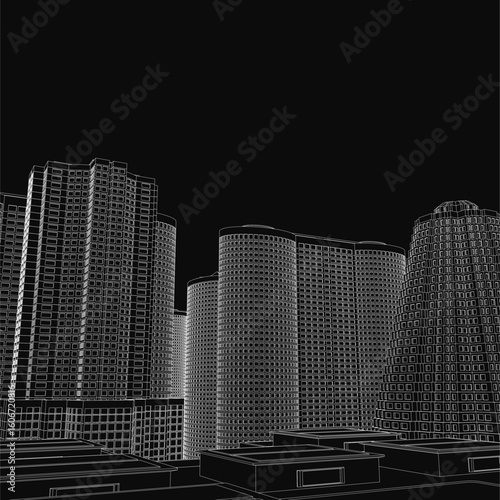 Black and white city skyline illustration featuring tall buildings with clean contour lines. The urban townscape stands out against a dark background, creating a striking contrast.