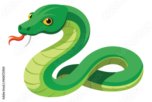 Cartoon Illustration of a Green Snake with Yellow Eyes and Spots coiled up, ready to strike with venomous fangs