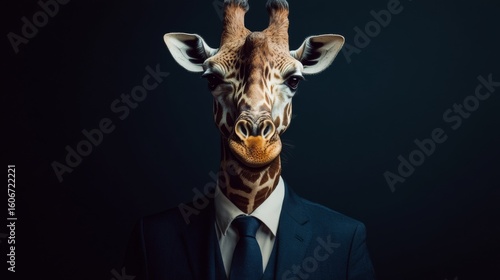 Fototapeta Naklejka Na Ścianę i Meble -  Elegant anthropomorphic giraffe dressed in formal business suit and tie, humorous humanized animal character on dark studio background




